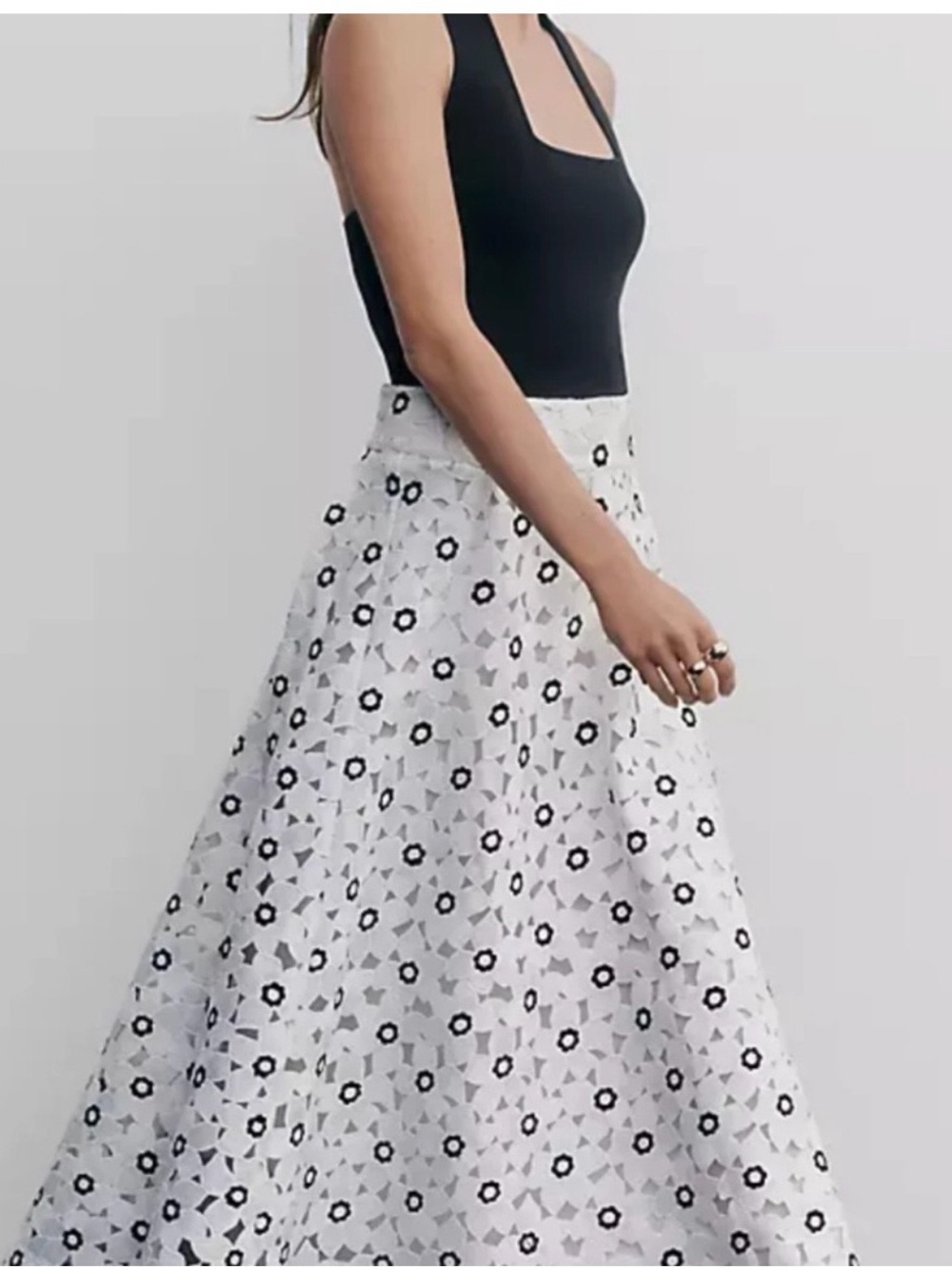 Ann Taylor White Midi Skirt with Black Floral Eyelet